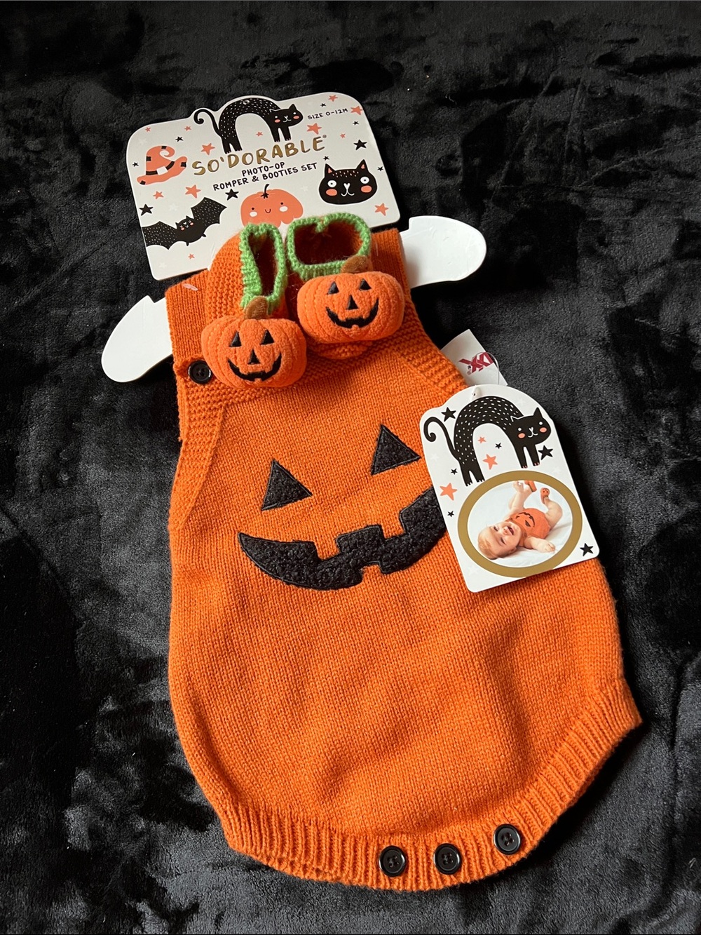 Orange Knit Pumpkin Baby Romper Costume with Pumpkin Booties